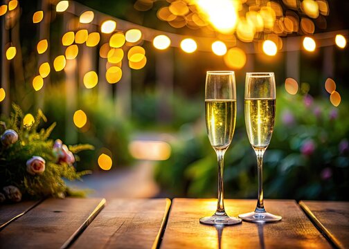 Chic champagne garden party banner: elegant bubbles, softly blurred background.