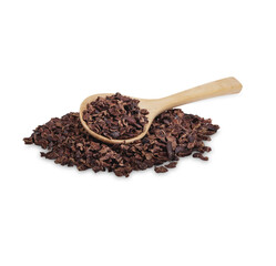 Cocoa nibs that are strong and have not undergone any processing other than roasting and shelling isolated on transparent background. (.PNG)