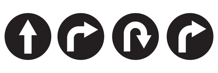 Go Straight, U turn, Right and Left, This Way, One Way, Only U Turn Black Arrow Sign Direction Icon Set. Vector Image. 