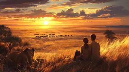 Couple Watching Sunset Over African Savanna With Wildlife
