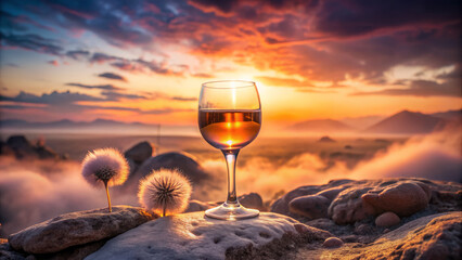 glass of translucent beverage at sunset, surrounded by nature beauty