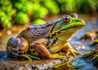 Obraz premium Close-up macro photography reveals a brown bullfrog's dark spots amidst a muddy marsh wetland habitat.