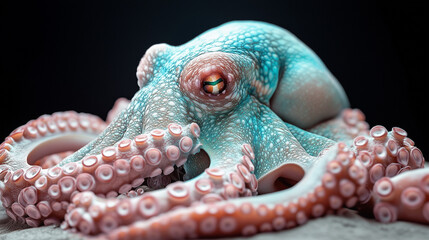 Obraz premium Intricate blue and pink octopus with detailed tentacles in close-up view on black backround
