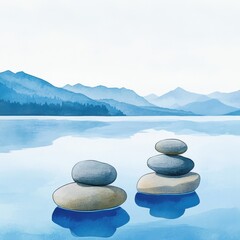 Serene landscape with stacked stones on a calm lake, surrounded by majestic mountains in a tranquil blue hue.
