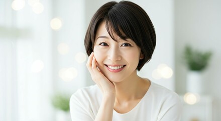 Elegant Japanese Woman in a Clean and Bright Setting, Radiating Positivity and Warmth with Her Short Haircut and Friendly Smile