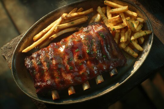 Delectable BBQ ribs served with golden fries on a rustic platter, evoking hunger and satisfaction.