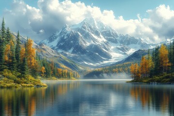 Serene autumn lake, reflecting majestic snow-capped mountains.