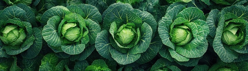 Fresh Green Cabbage Rows in a Lush Garden Setting with Vibrant Leaves and Natural Sunlight