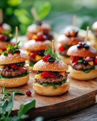 Delicious miniature beef burgers topped with fresh vegetables and herbs, presented on a wooden platter.