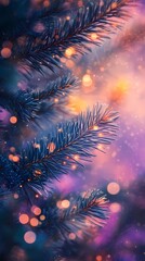 Softly glowing bokeh lights among dense pine branches creating an abstract and cozy seasonal visual style book illustration