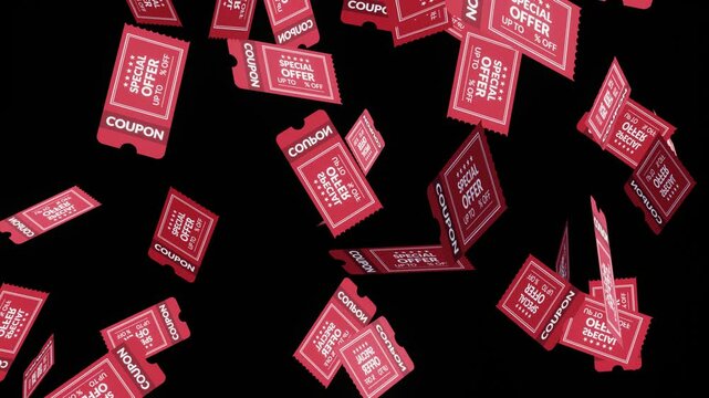 fall of coupons with discounts.Big sale, gift coupons.flying on black background