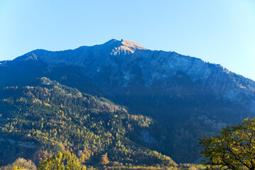 Scenic view of mountain panorama at Swiss village of Maienfeld on a sunny autumn day. Photo taken...