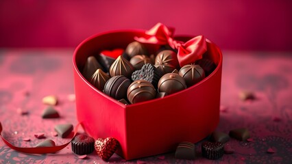 A red heart-shaped box filled with assorted chocolates, tied with a satin ribbon, symbolizing romantic gestures and sweet surprises exchanged on Valentine&rsquo;s Day, isolated on white.