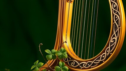 A composition of iconic Irish symbols, including a harp (Ireland's national emblem), shamrocks, and a horseshoe, representing tradition, music, and luck, isolated on white