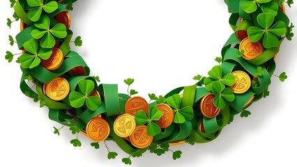 A decorative wreath made of shamrocks, gold coins, and green ribbons, symbolizing Irish heritage, good fortune, and holiday cheer, isolated on white.
