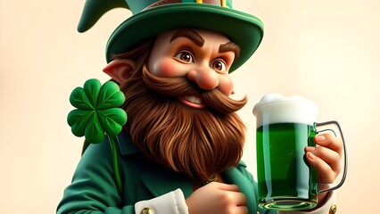 A cheerful leprechaun character holding a shamrock (three-leaf clover) and a frothy mug of green beer, celebrating Irish culture and traditional festivities, isolated on white.