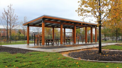 Wooden pavilion, picnic tables, playground nearby, autumn leaves.