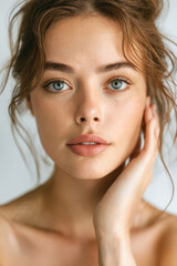 Naklejka premium Close-up portrait of a woman with blue eyes and soft expression