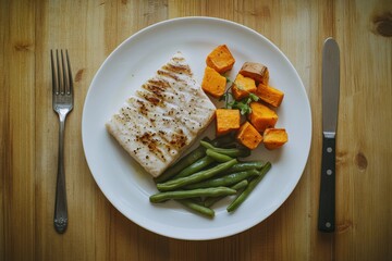 A beautifully plated grilled fish fillet with vibrant green beans and roasted sweet potatoes.