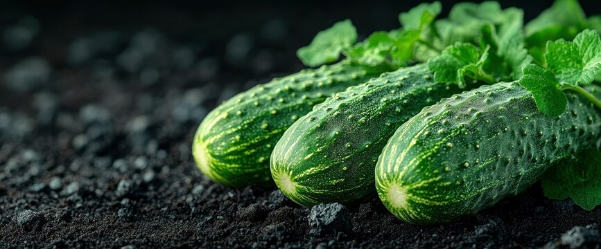 Freshly Harvested Cucumbers on Dark Soil with Mint Leaves