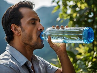 a man is drinking bottled water