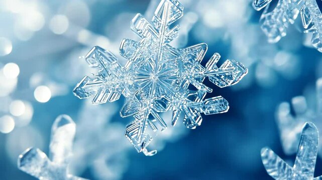 Snowflake is shown in a blue background. The snowflake is clear and has a pointy tip