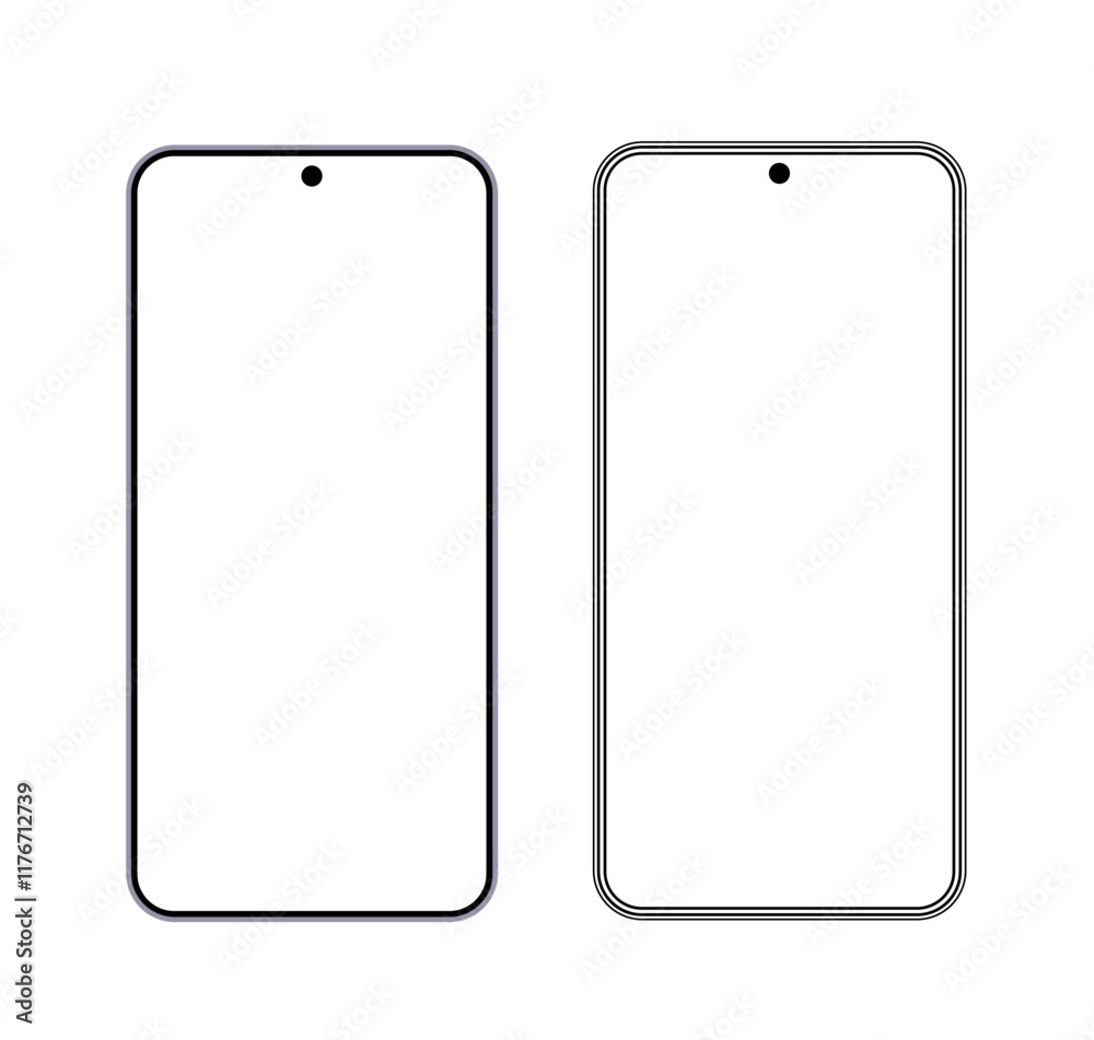 Poster realistic smartphone icon in flat and outline style with a camera screen, isolated on white backgrou