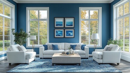 A modern living room with blue walls, large windows, and stylish furniture.