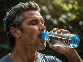 a man is drinking bottled water