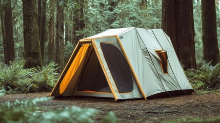 Gray tent pitched in a forest.