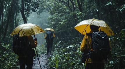 Rainy forest trail, hikers with umbrellas, backpacks.