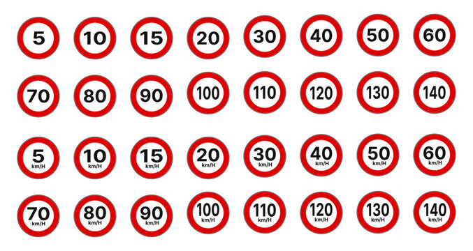Speed limit sign collection on a white background. Circular road signs displaying various speed limits.