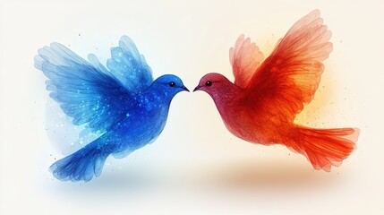 Obraz premium Two colorful birds, one blue and one red, facing each other with a soft, artistic background.