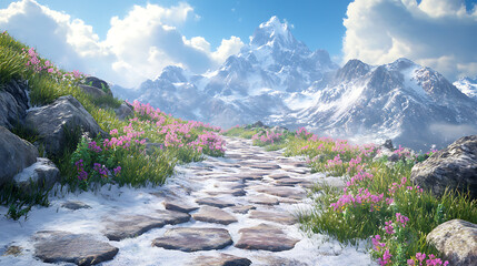 Rocky mountain path leading to a breathtaking summit view surrounded by vibrant alpine vegetation and snow patches 