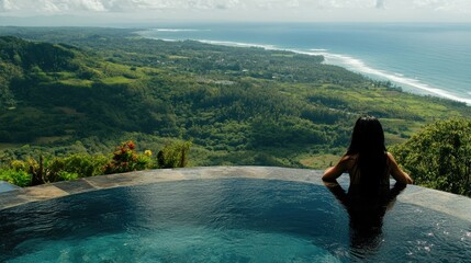 Fototapeta premium Infinity pool perched on a hillside with a young woman soaking in the ocean view