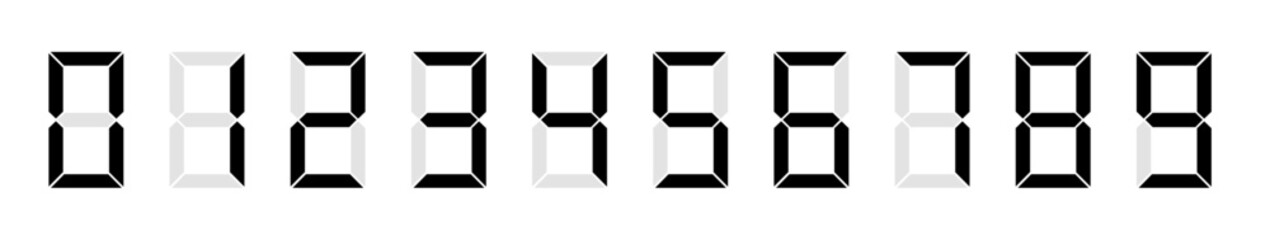 Digital display of black numbers in seven-segment style, including scoreboard, clock, stopwatch, calculator, and electronic meter icons.