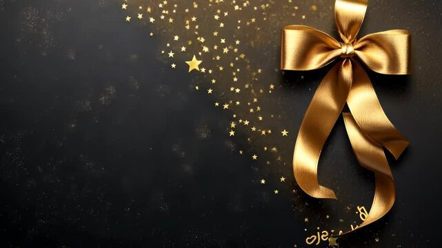 Gold ribbon is tied to a star. The ribbon is on a black background