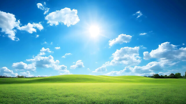 Rolling hills of a lush green meadow under a vibrant blue sky with scattered fluffy clouds 