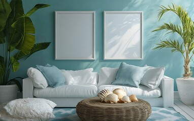 Coastal living room interior with blank frames, sofa, plants, and decor.