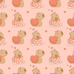 Seamless romantic pattern. Cute enamored capybara with big heart and thoughtful animal in polka dot cup with marshmallows on pink background. Vector illustration. Ornament template valentine.