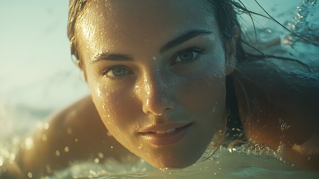 Female surfer paddling at sunrise.