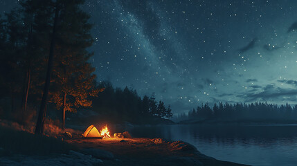 Starry night sky over a serene forest clearing with a cozy campsite and a glowing campfire