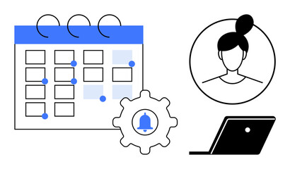 Calendar with marked dates, profile of woman, laptop, alarm bell within gear. Ideal for productivity, scheduling, task management, digital planning, reminders online meetings virtual assistant