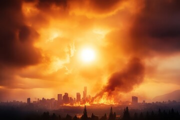 Fototapeta premium Wildfire engulfs urban landscape highlighting urgent need for environmental action and disaster preparedness strategies