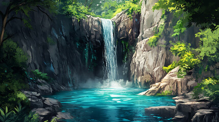 Naklejka premium Waterfall plunging into a deep turquoise pool surrounded by towering cliffs covered in lush green vegetation 