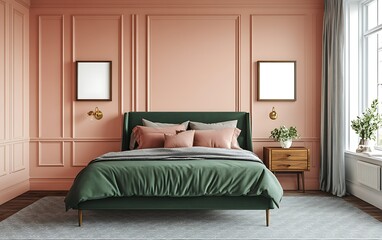 Modern bedroom interior with green bedding, blank frames, window light, wooden furniture.