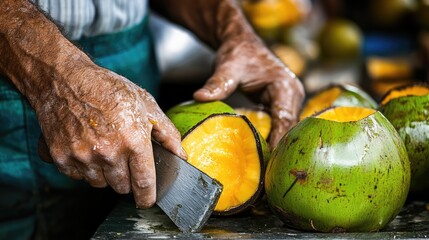 The first step of the process cutting coconuts to access the water inside