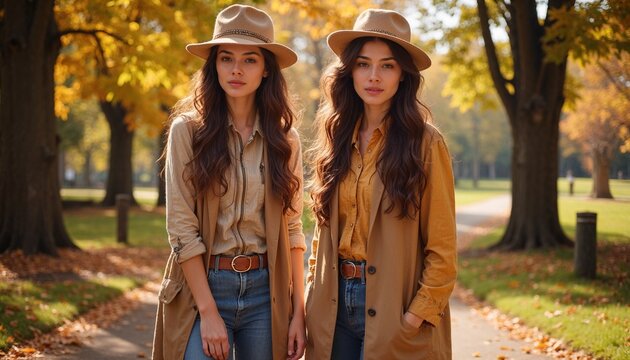 Identical twin sisters in autumn outfits posing together in a park - Powered by Adobe