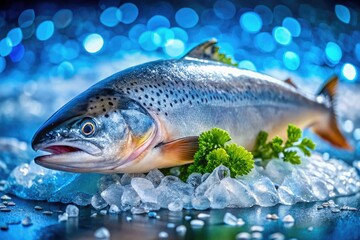 Crisp bokeh showcases a glistening whole salmon, dramatically displayed on ice.