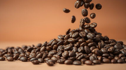 Obraz premium Roasted coffee beans falling on heap against brown background. Generative AI